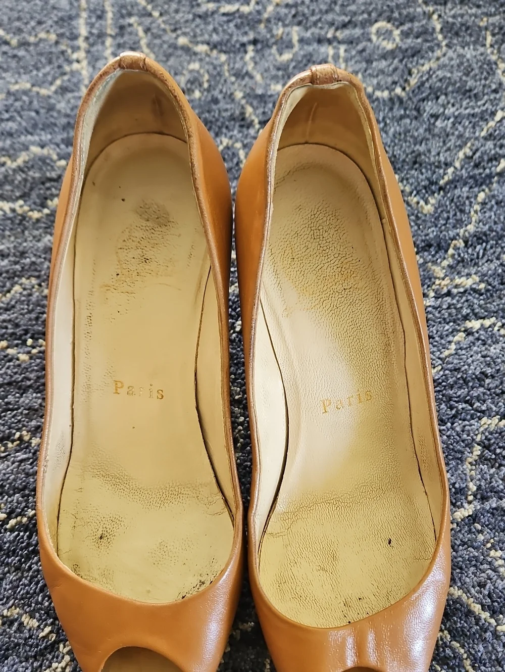 Christian Louboutin Tan Leather Peep-Toe Wedge Heels
